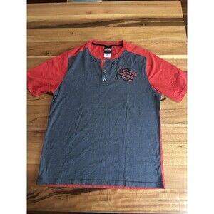 Lg Harley Davidson Red Motorcycle T Shirt Button Up Denton Cty, Texas Biker Top